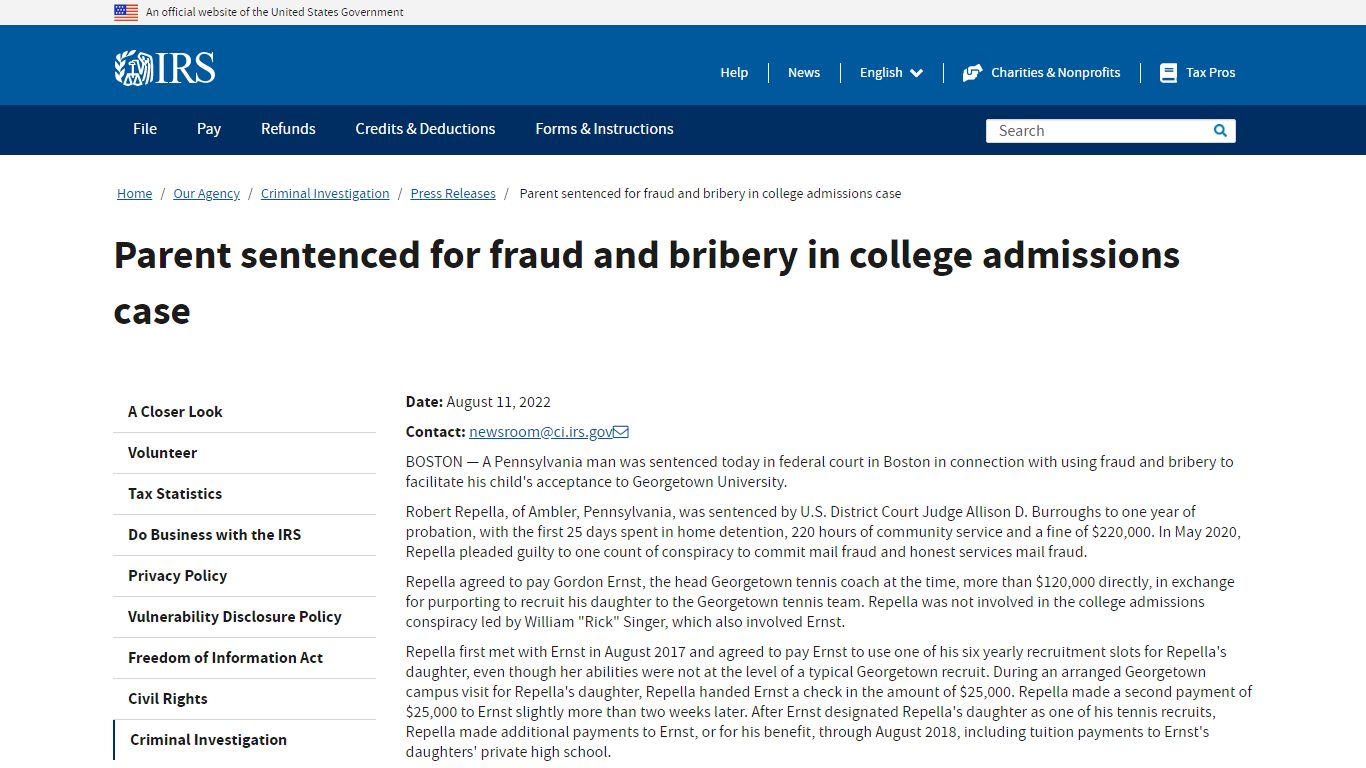 Parent sentenced for fraud and bribery in college admissions case ...